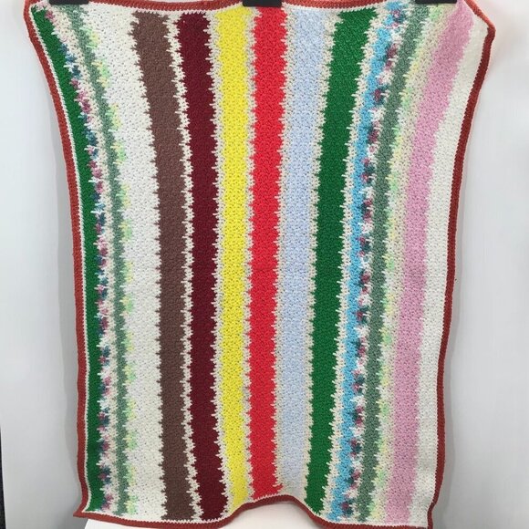 Handmade Other - Vintage 1970s Retro Granny Baby Blanket Handmade MCM Colorful Striped Dopamine